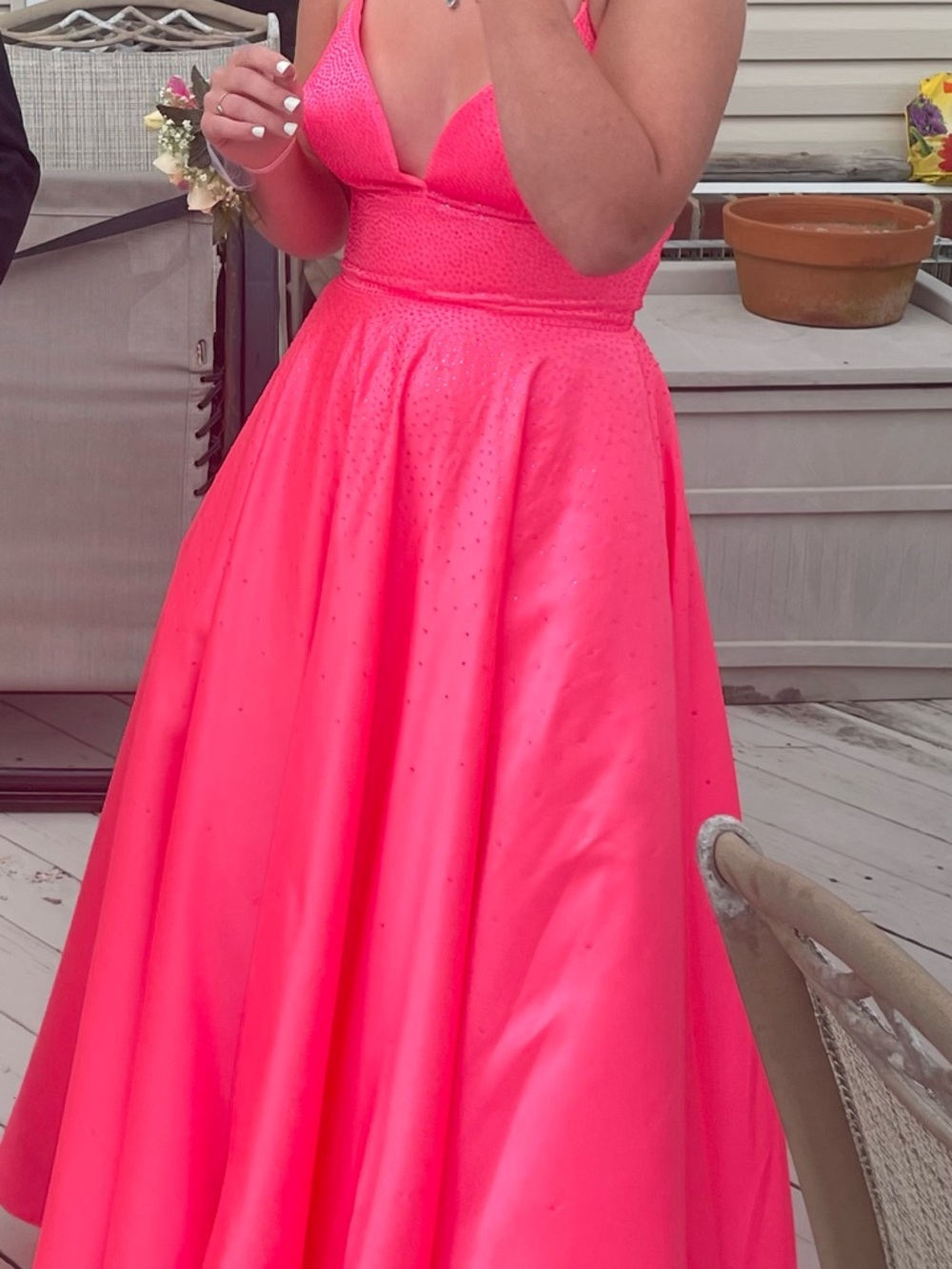 Amara style number 87343 Hot Pink Sparkle Prom Dress with V-Neck Bodice